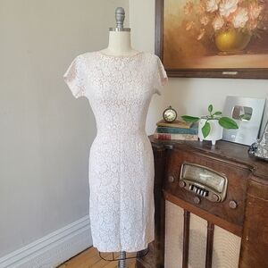 Vintage 1950s Ivory Lace Peach Wiggle Dress Betty Draper Pinup Small